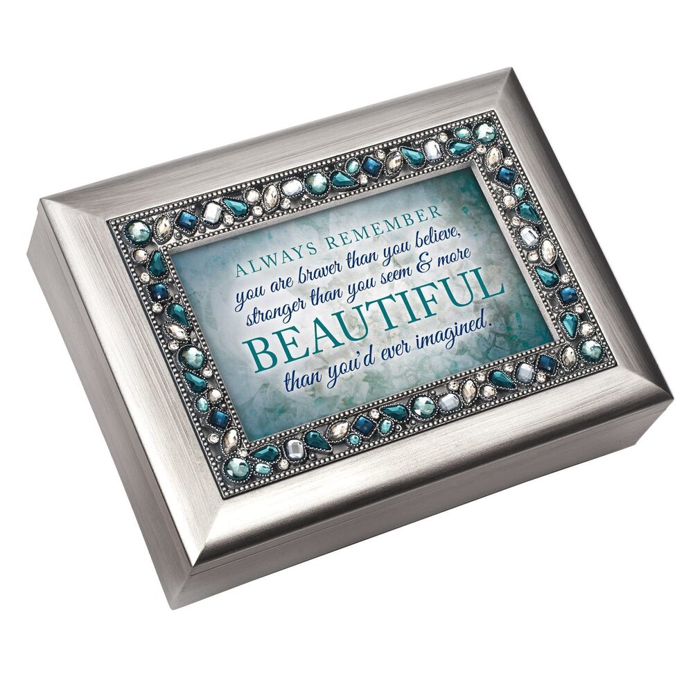 1297 Braver Stronger More Beautiful Brushed Silvertone Jeweled Music Box
